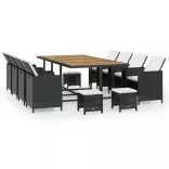 13 darabos fekete kültéri polyrattan és akácfa étkezőszett