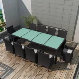 11-részes fekete polyrattan kültéri étkezőszett párnákkal