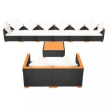 9-részes fekete polyrattan kerti bútorszett párnákkal