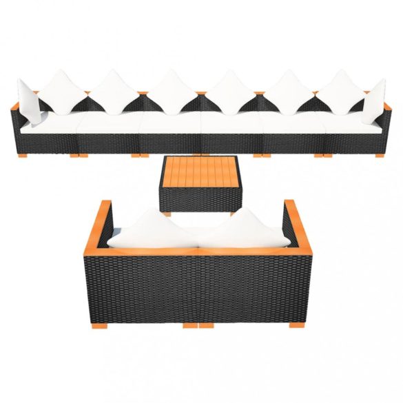 9-részes fekete polyrattan kerti bútorszett párnákkal