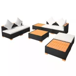 8-részes fekete polyrattan kerti bútorszett párnákkal