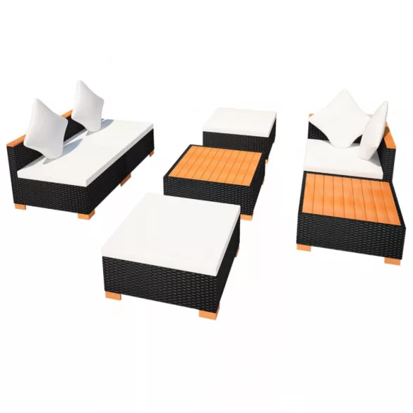 7-részes fekete polyrattan kerti bútorszett párnákkal