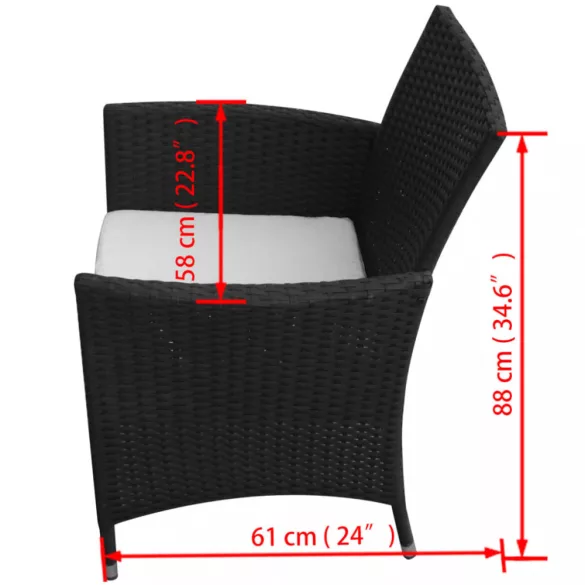 7-részes fekete polyrattan kültéri étkezőszett párnákkal