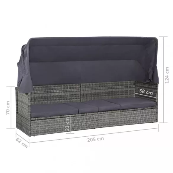 szürke polyrattan napellenzős kerti ágy 205 x 62 cm