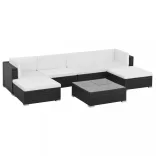 7-részes fekete polyrattan kerti bútorszett párnákkal