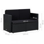 fekete kétszemélyes polyrattan kerti kanapé párnákkal