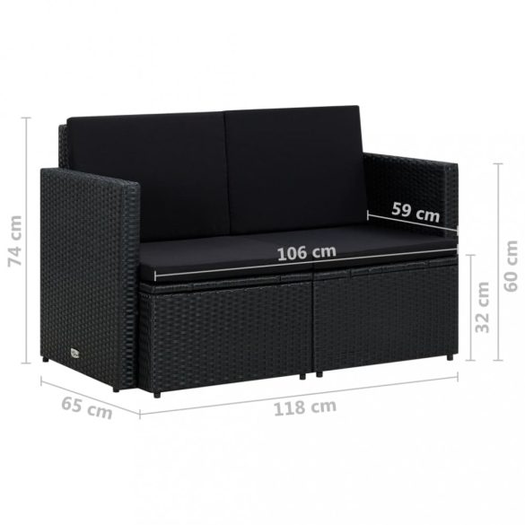 fekete kétszemélyes polyrattan kerti kanapé párnákkal