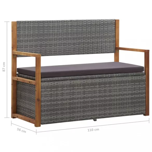 szürke polyrattan és tömör akácfa tárolópad 115 cm