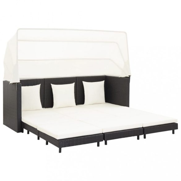 3-személyes fekete kinyitható műrattan kanapéágy tetővel