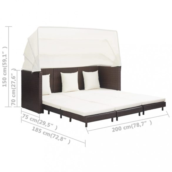 3-személyes barna kinyitható műrattan kanapéágy tetővel