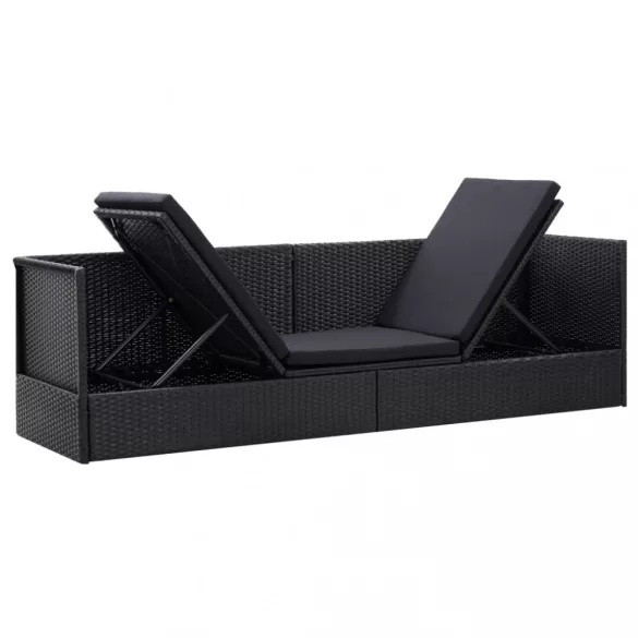 fekete polyrattan kerti ágy ülő- és hátpárnával