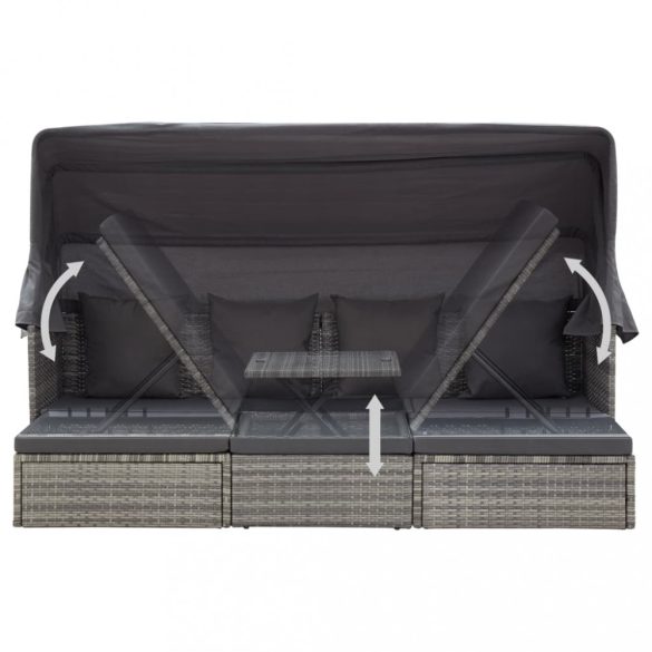 szürke polyrattan kerti napozóágy tetővel