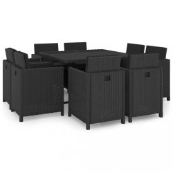   9 részes fekete polyrattan kültéri étkezőszett párnákkal