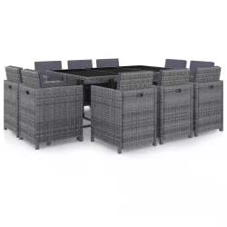   11-részes szürke polyrattan kültéri étkezőszett párnákkal