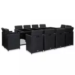 13 részes fekete polyrattan kültéri étkezőszett párnákkal