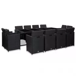   13 részes fekete polyrattan kültéri étkezőszett párnákkal