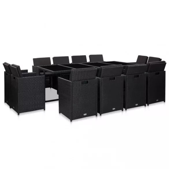 13 részes fekete polyrattan kültéri étkezőszett párnákkal