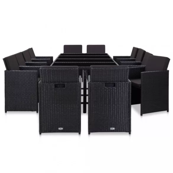 13 részes fekete polyrattan kültéri étkezőszett párnákkal