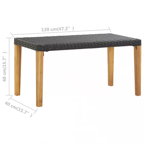 fekete polyrattan és tömör akácfa kerti pad 120 cm