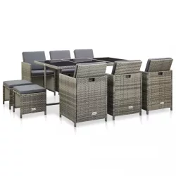  11 részes szürke polyrattan kültéri étkezőszett párnákkal