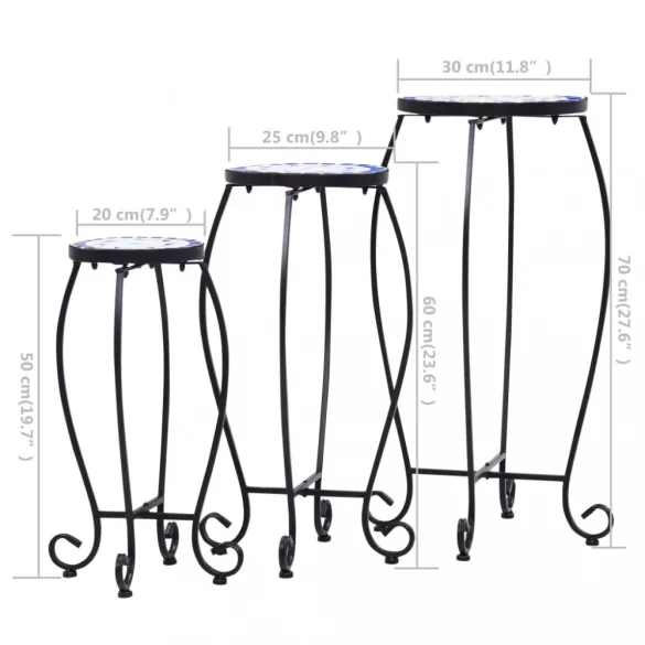 3 db kék és fehér kerámia mozaik asztal