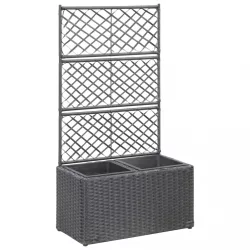   fekete rácsos polyrattan magaságyás 2 kaspóval 58 x 30 x 107 cm