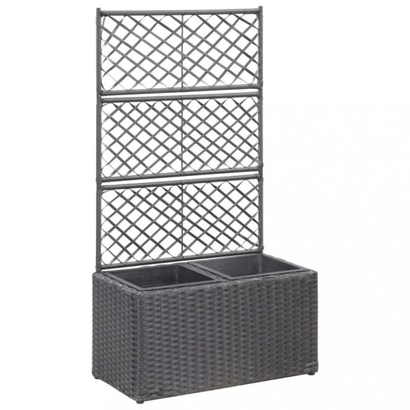 fekete rácsos polyrattan magaságyás 2 kaspóval 58 x 30 x 107 cm