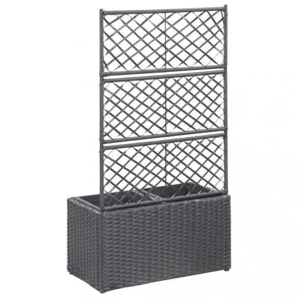 fekete rácsos polyrattan magaságyás 2 kaspóval 58 x 30 x 107 cm