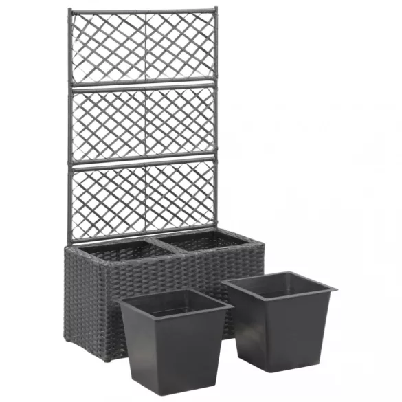 fekete rácsos polyrattan magaságyás 2 kaspóval 58 x 30 x 107 cm