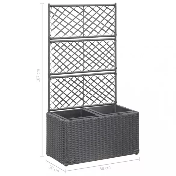 fekete rácsos polyrattan magaságyás 2 kaspóval 58 x 30 x 107 cm