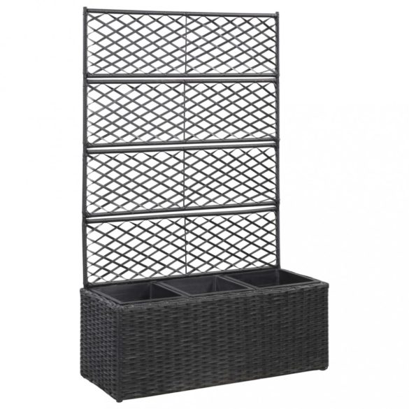 fekete rácsos polyrattan magaságyás 3 kaspóval 83 x 30 x 130 cm