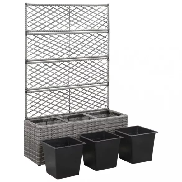 szürke rácsos polyrattan magaságyás 3 kaspóval 83 x 30 x 130 cm