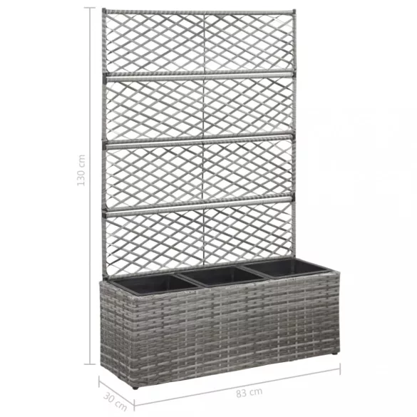 szürke rácsos polyrattan magaságyás 3 kaspóval 83 x 30 x 130 cm
