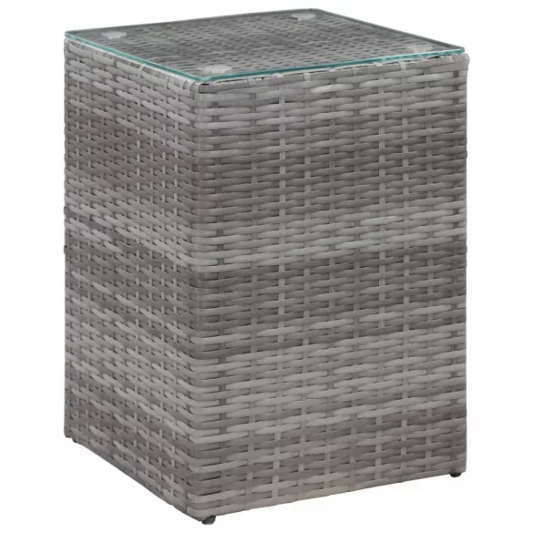 szürke polyrattan kisasztal üveg asztallappal 35 x 35 x 52 cm