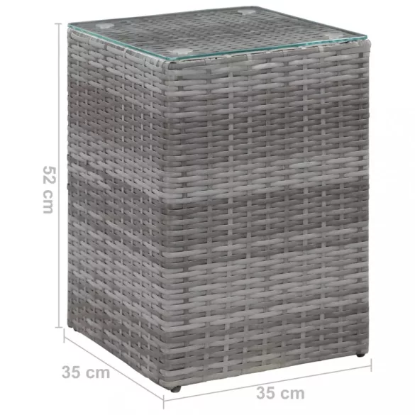 szürke polyrattan kisasztal üveg asztallappal 35 x 35 x 52 cm
