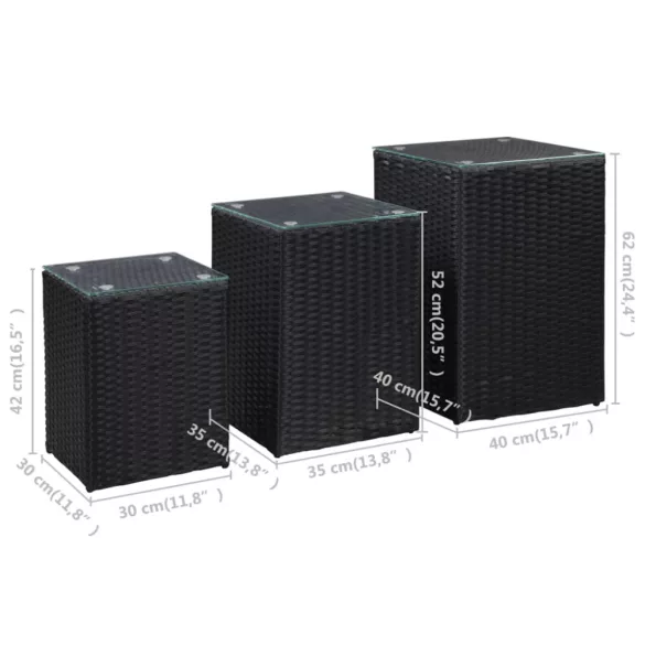 3 db fekete polyrattan kisasztal üveg asztallappal