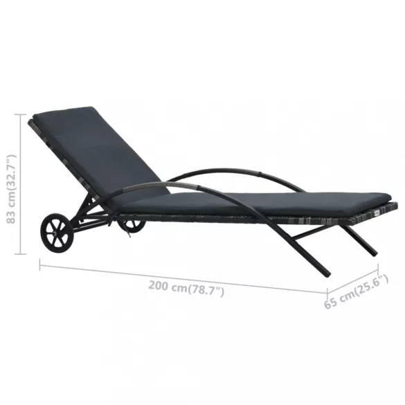 antracitszürke polyrattan napozóágy párnával és kerekekkel