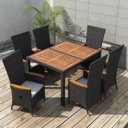   7 részes fekete kültéri polyrattan és akácfa étkezőszett