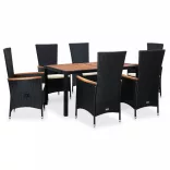7 részes fekete kültéri polyrattan és akácfa étkezőszett