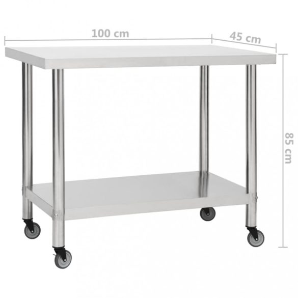 rozsdamentes acél konyhai munkaasztal kerekekkel 100x45x85 cm