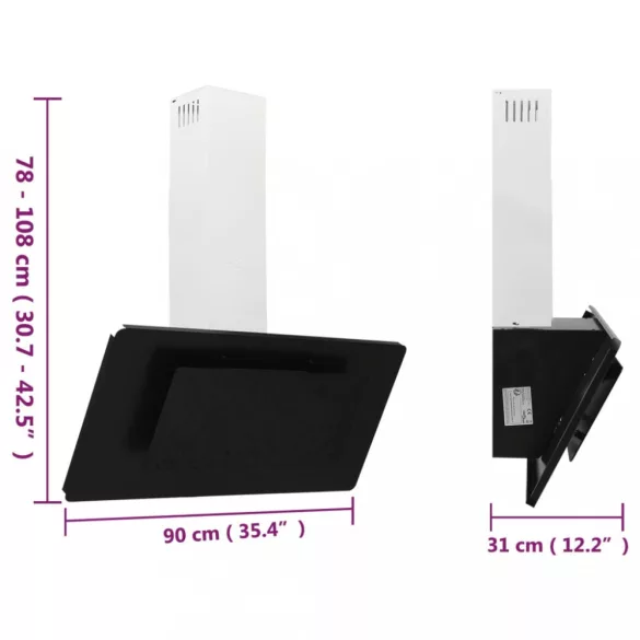 fekete rozsdamentes acél és edzett üveg fali páraelszívó 90 cm