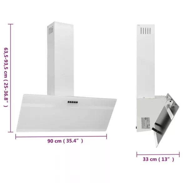 fehér acél és edzett üveg fali páraelszívó 90 cm