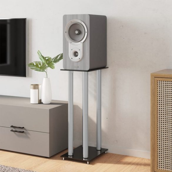 2 db 4-oszlopos fekete-ezüst edzett üveg hangszóróállvány