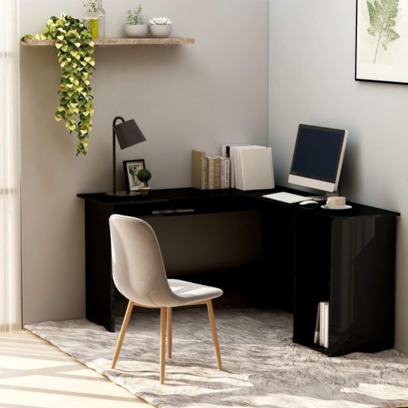 magasfényű fekete forgácslap L-alakú íróasztal 120x140x75 cm