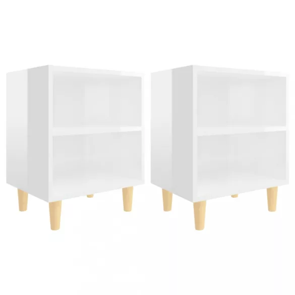 2 db magasfényű fehér éjjeliszekrény fa lábakkal 40x30x50 cm