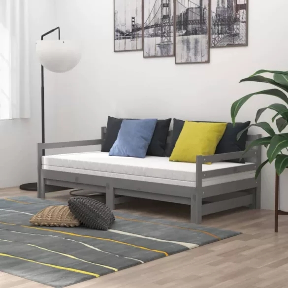szürke tömör fenyőfa kihúzható kanapéágy 2 x (90 x 200) cm
