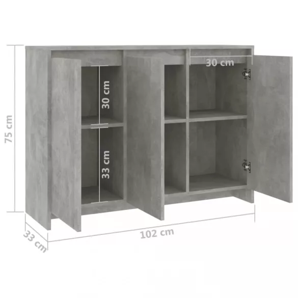 betonszürke szerelt fa tálalószekrény 102 x 33 x 75 cm