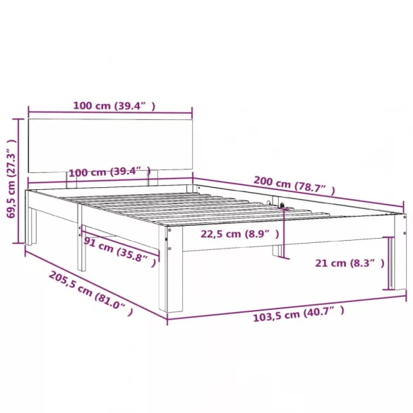 fehér tömör fenyőfa ágykeret 100 x 200 cm