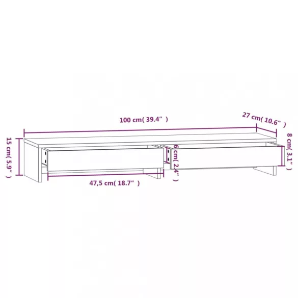 tömör fenyőfa monitorállvány 100x27x15 cm