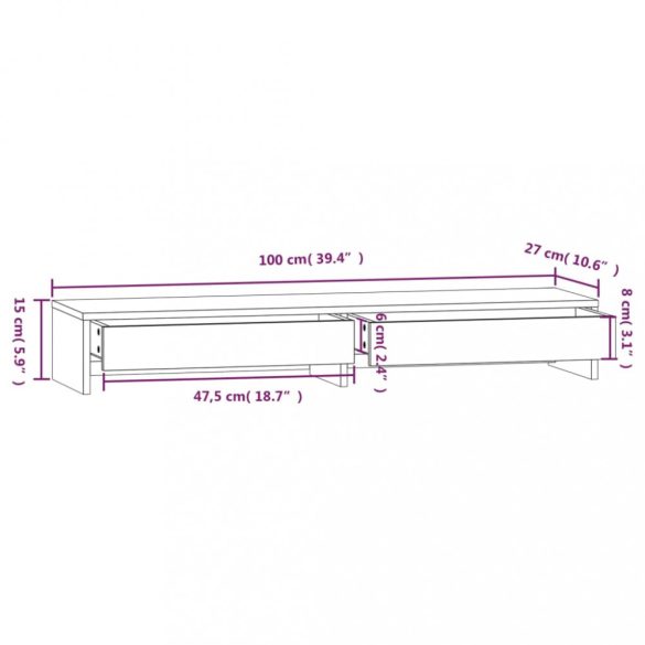 fehér tömör fenyőfa monitorállvány 100x27x15 cm
